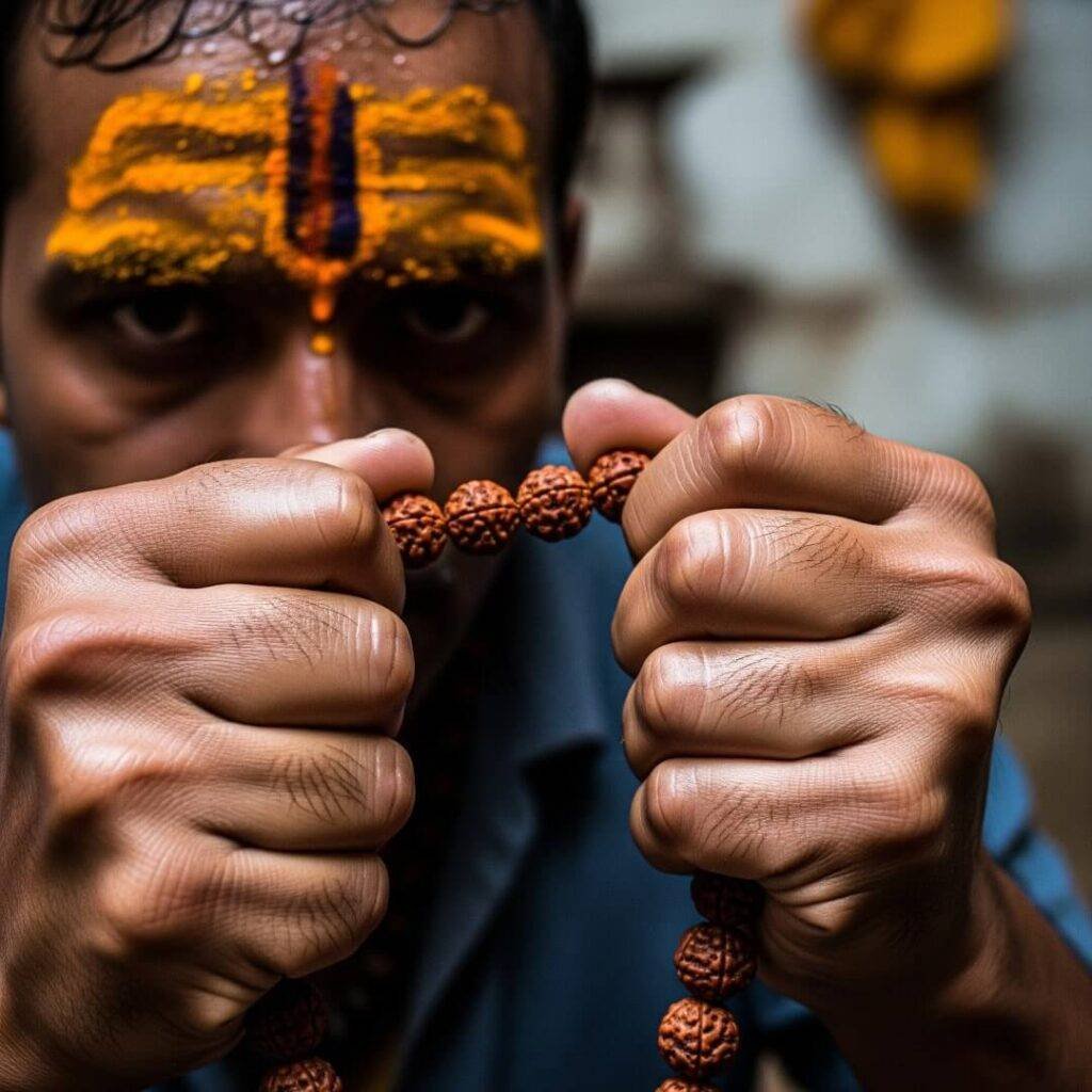 Sweaty hands gripping rudraksha beads, smudged tilak.
