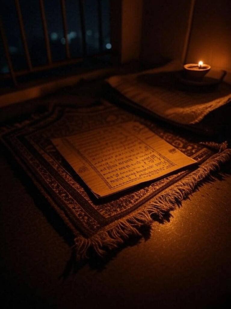 Cramped Mumbai balcony with prayer mat, diya, notebook.