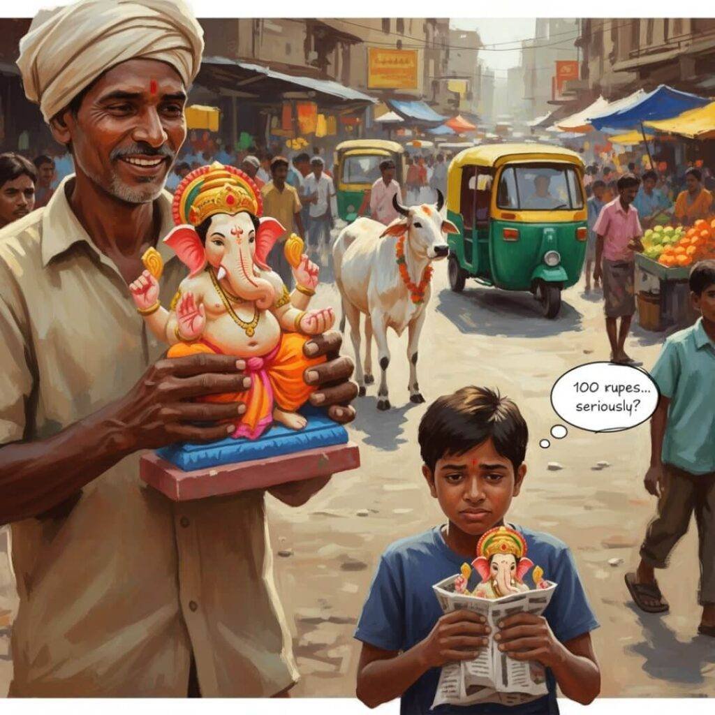 Market chaos: Vendor, Ganesha idol, rickshaws, cow, boy.