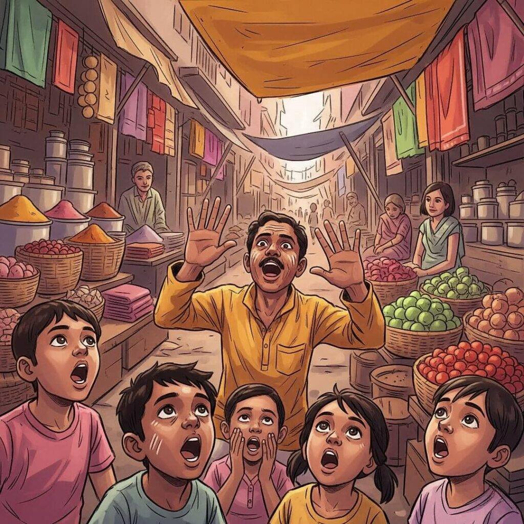 Indian storyteller captivates kids in a market.