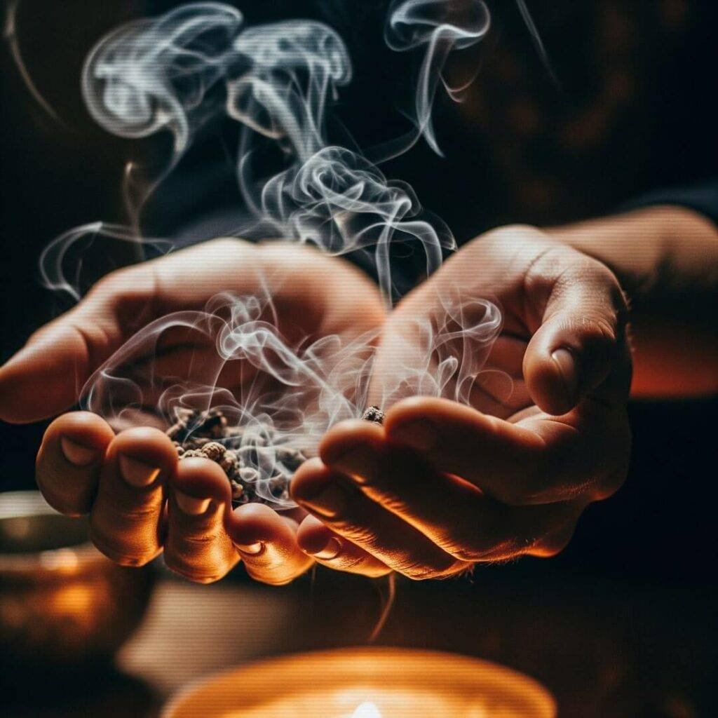 Hands cradling swirling incense smoke.