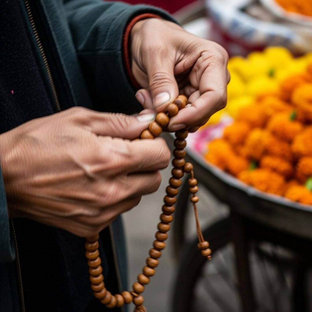 A blurry close-up of hands with prayer beads.