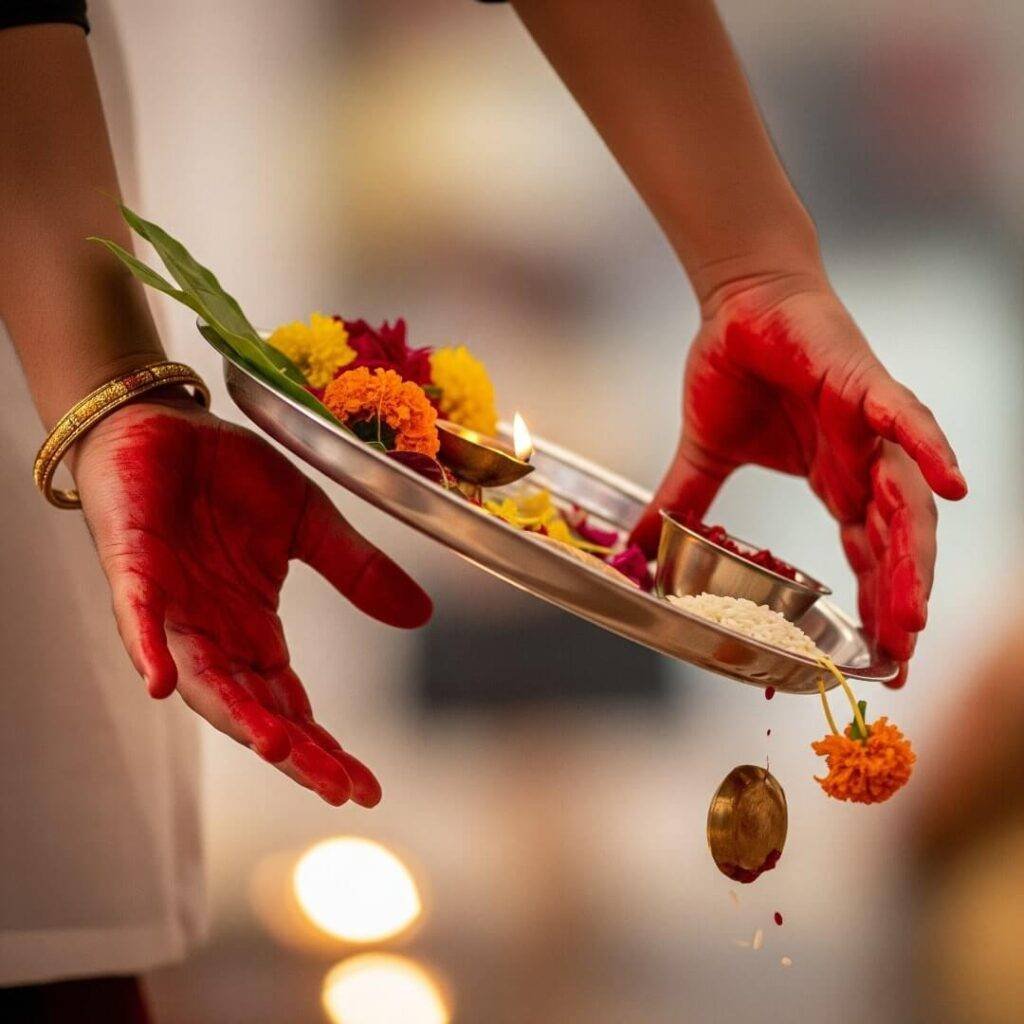 Hands with kumkum fumbling a puja thali.
