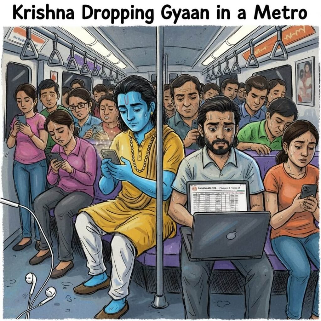 Krishna and Arjuna in a crowded Delhi metro.
