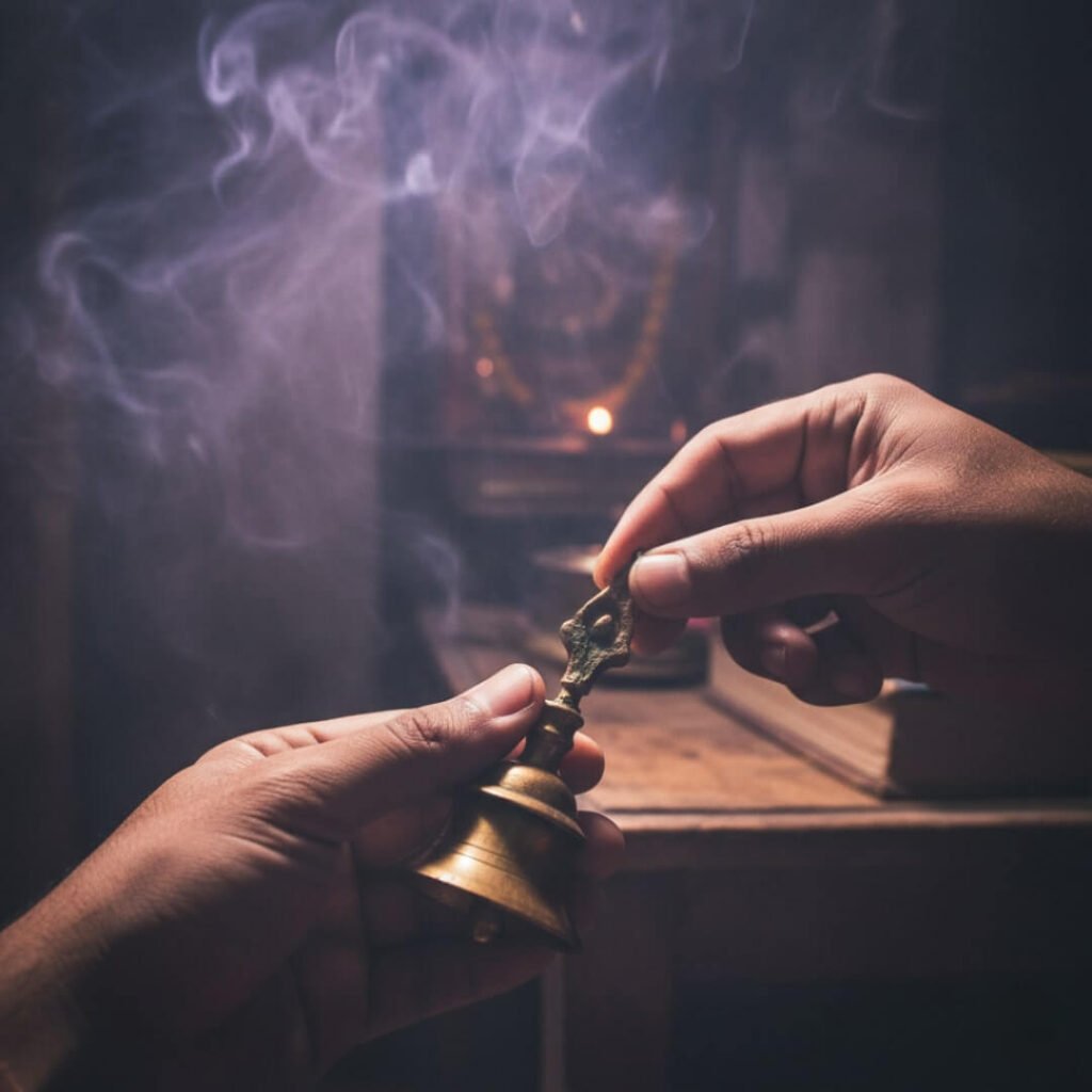 Shaky hands holding a puja bell, incense swirling.