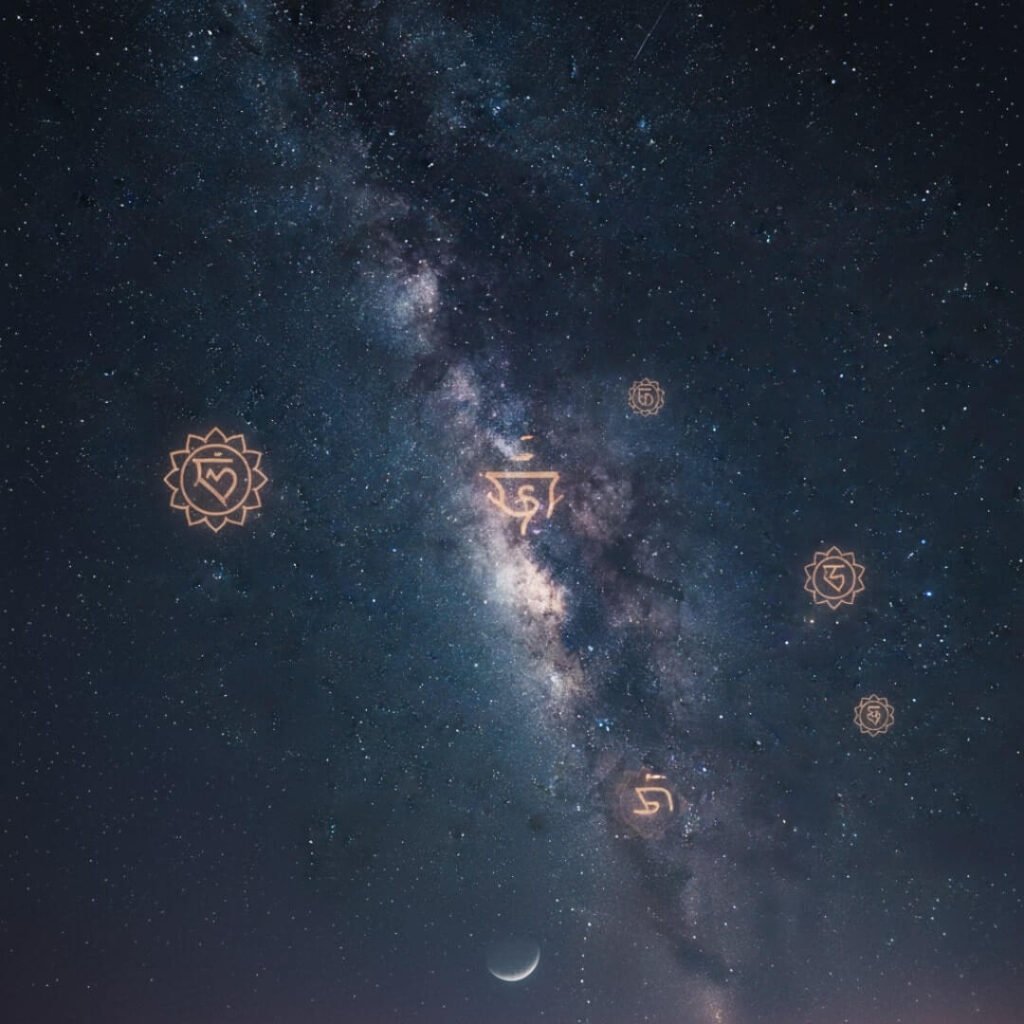 Starry night sky, faint glowing chakra symbols.
