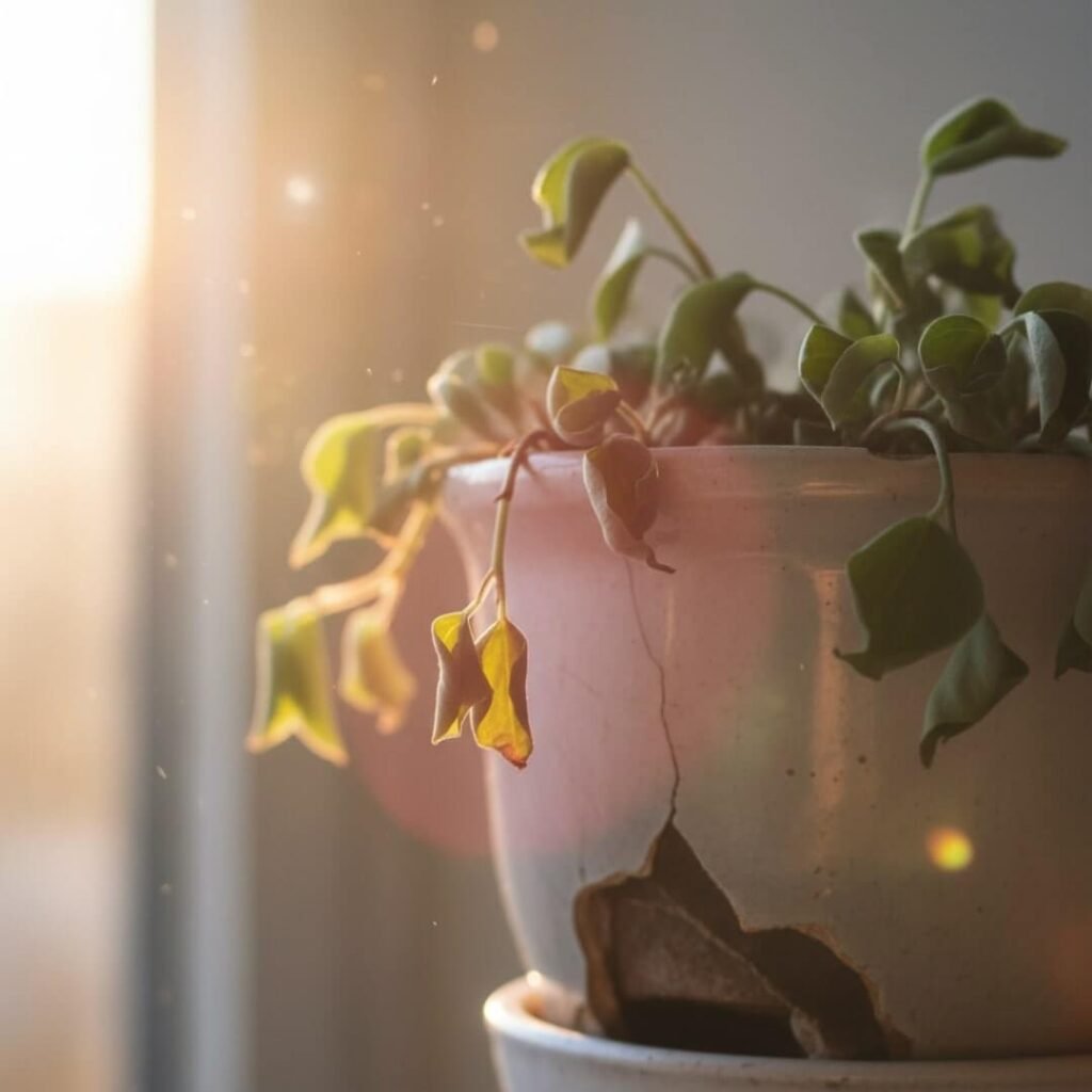 Droopy houseplant in a pot, sunlit.