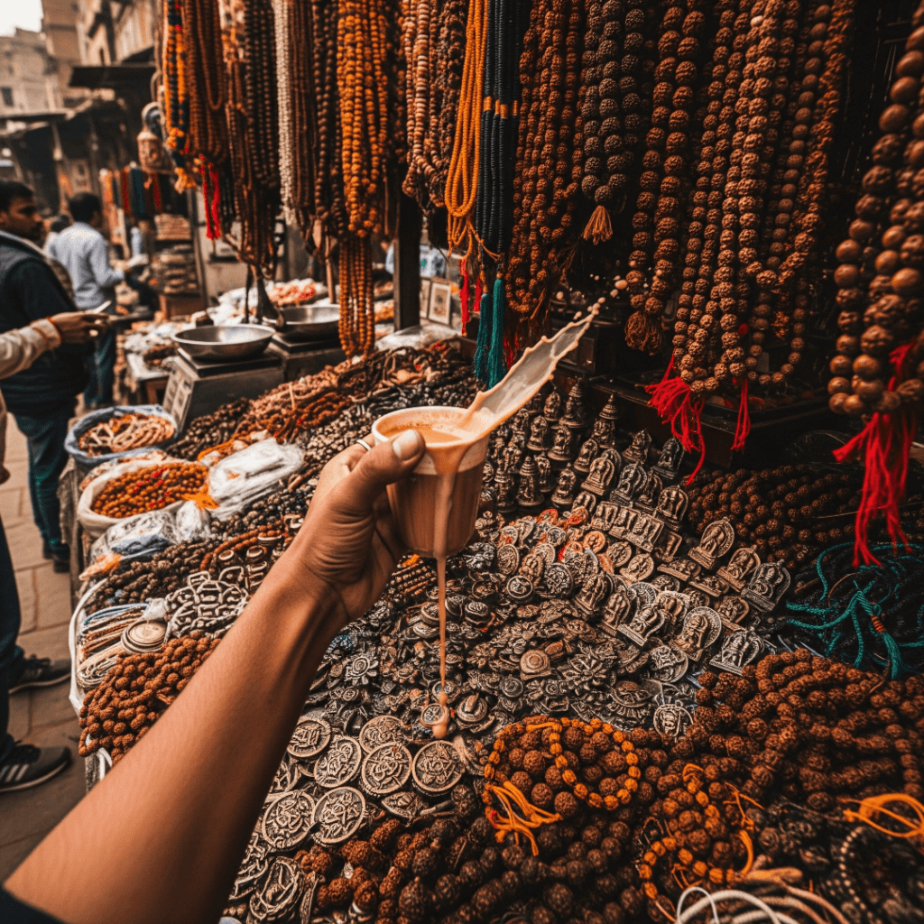Chaotic market stall with rudraksha beads, chai spilling.