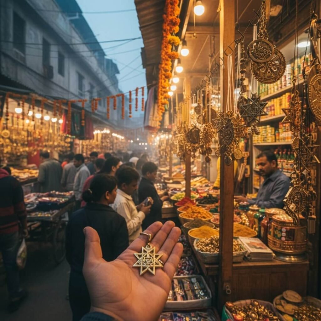 Hand holds yantra pendant in bustling Delhi market.