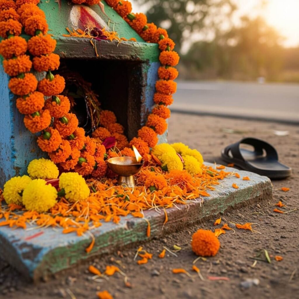 Roadside shrine with marigolds, diya, slipper.