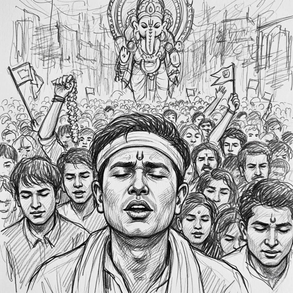 Ganpati Visarjan crowd, uncle chanting eyes closed.