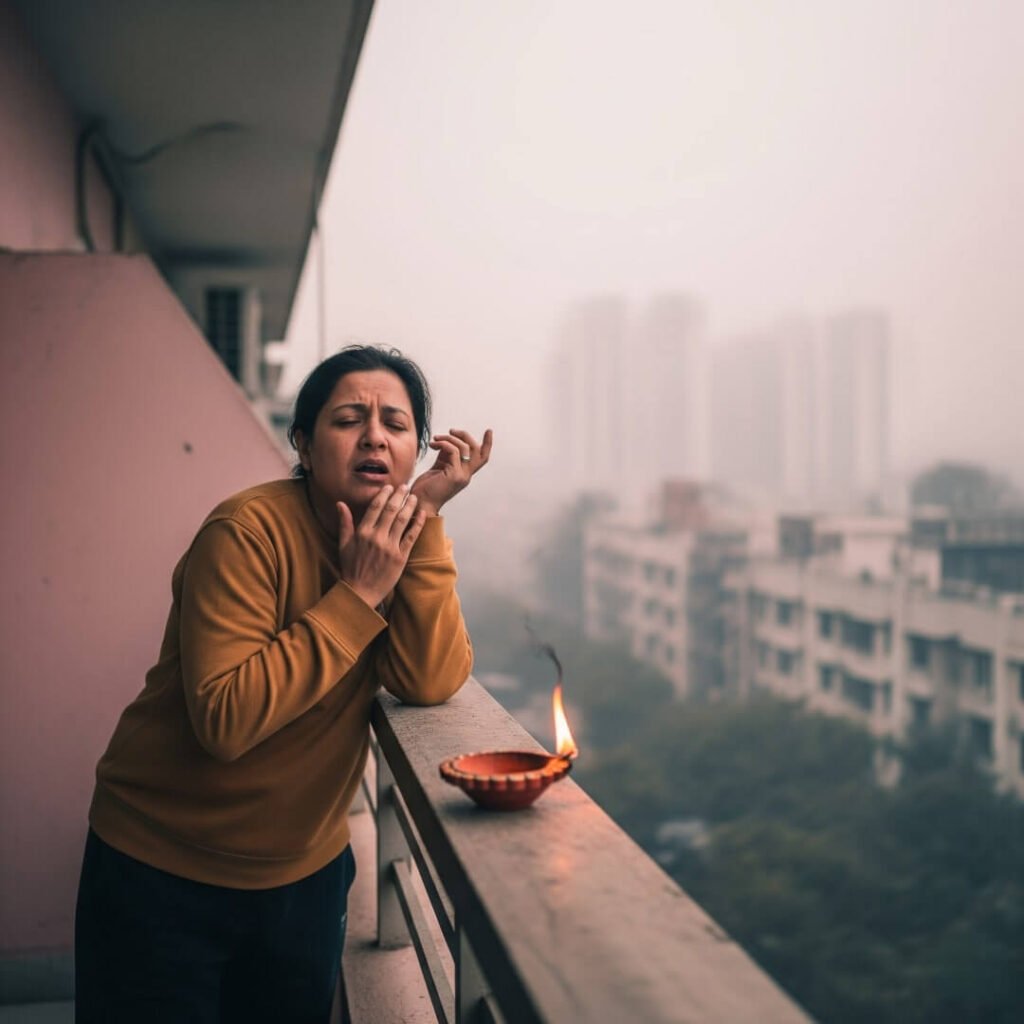 Person chanting on a balcony with city smog.