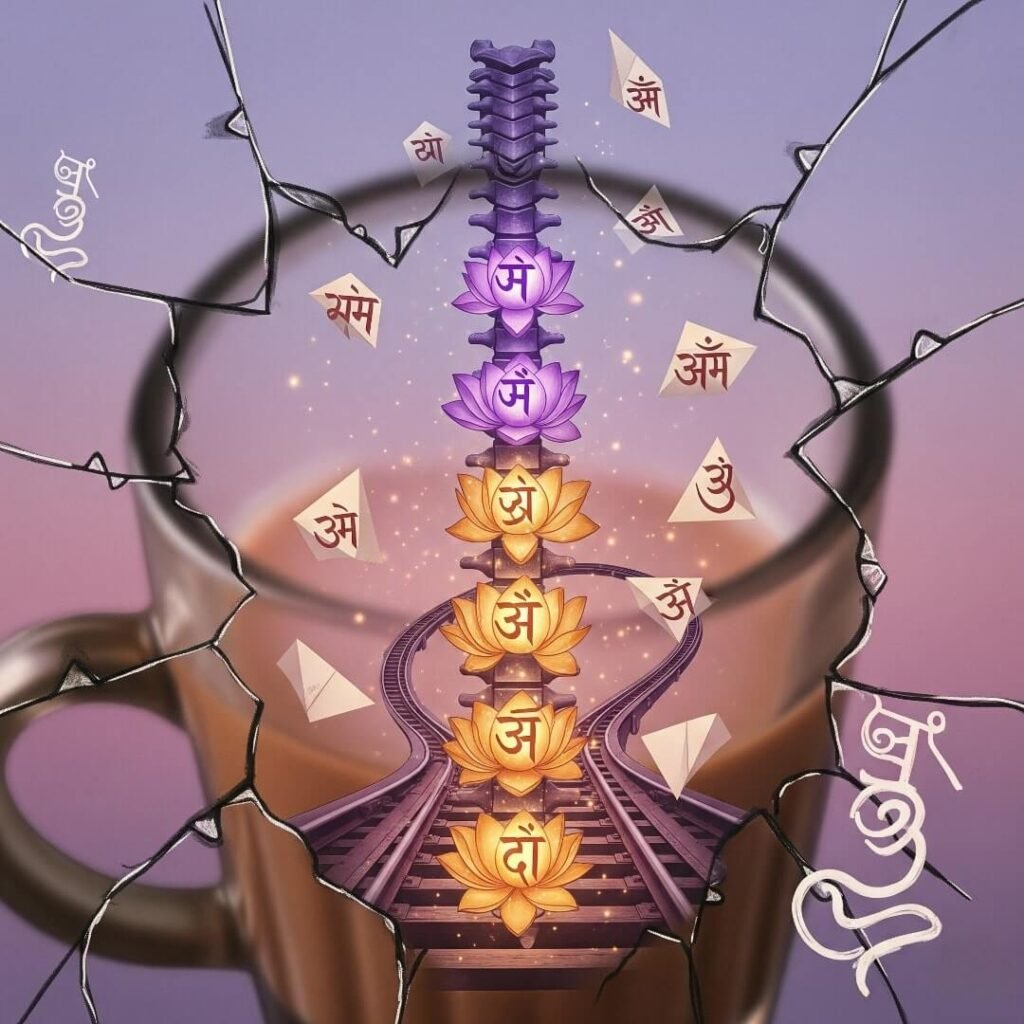 Spine with chakras, metro tracks, cracked chai glass.
