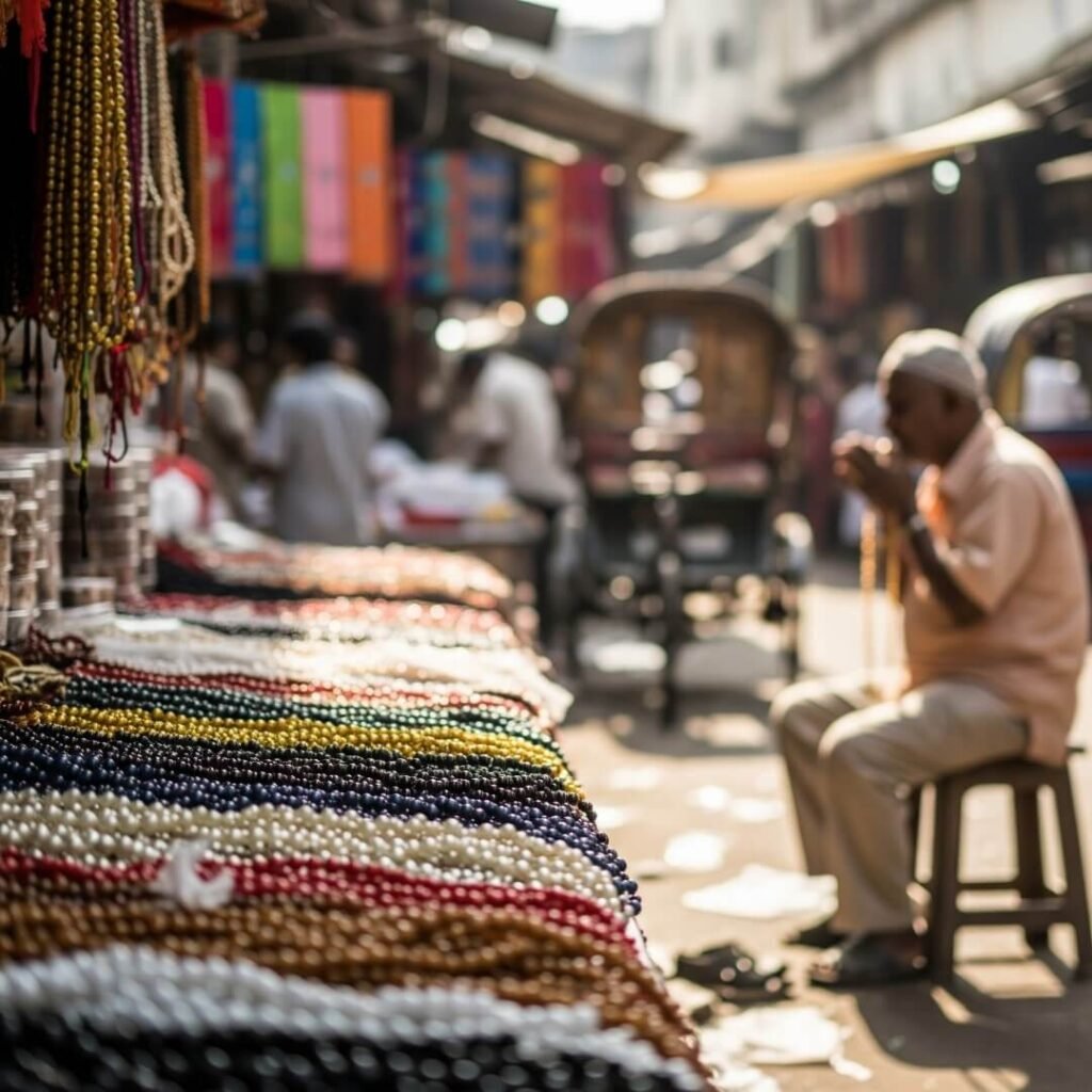 Blurry man chanting in Mumbai market.