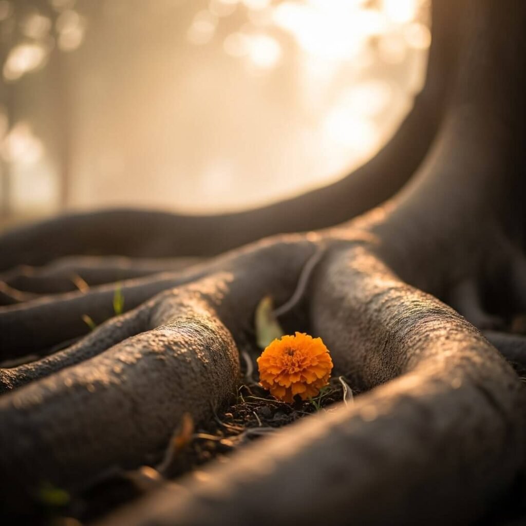 Peepal tree roots at dawn with a single marigold.