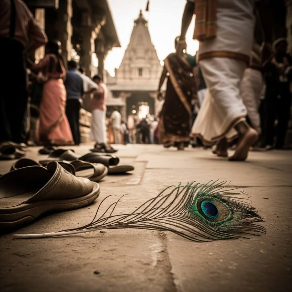 Worn chappals and a peacock feather in a temple.