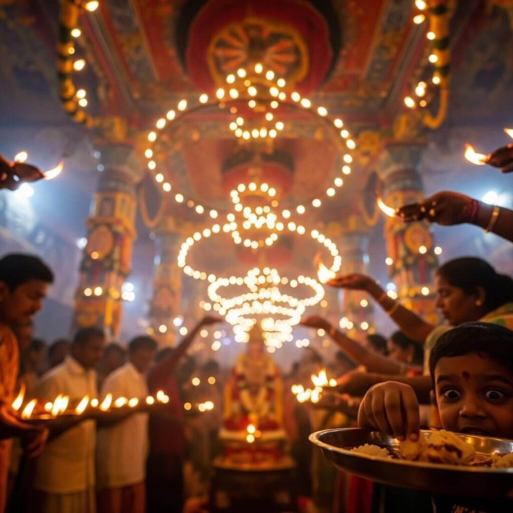 Blurry shot of a Pongal aarti with devotees and a child.