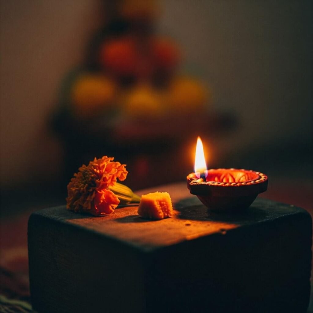 Tiny altar with diya, marigold, and ladoo.