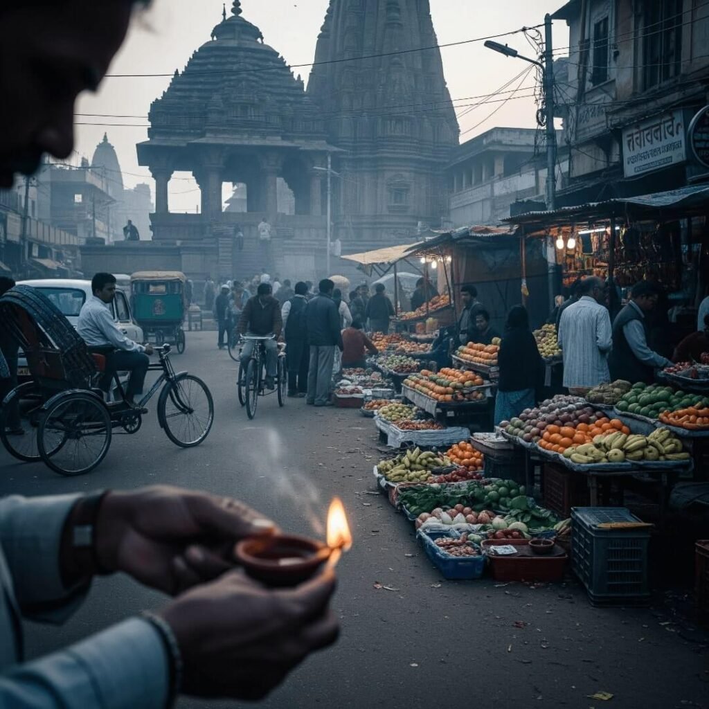 Dawn street scene with diya lighting.