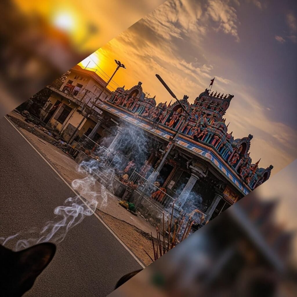 Dusk shot of Hanuman temple, incense, cat's ear.