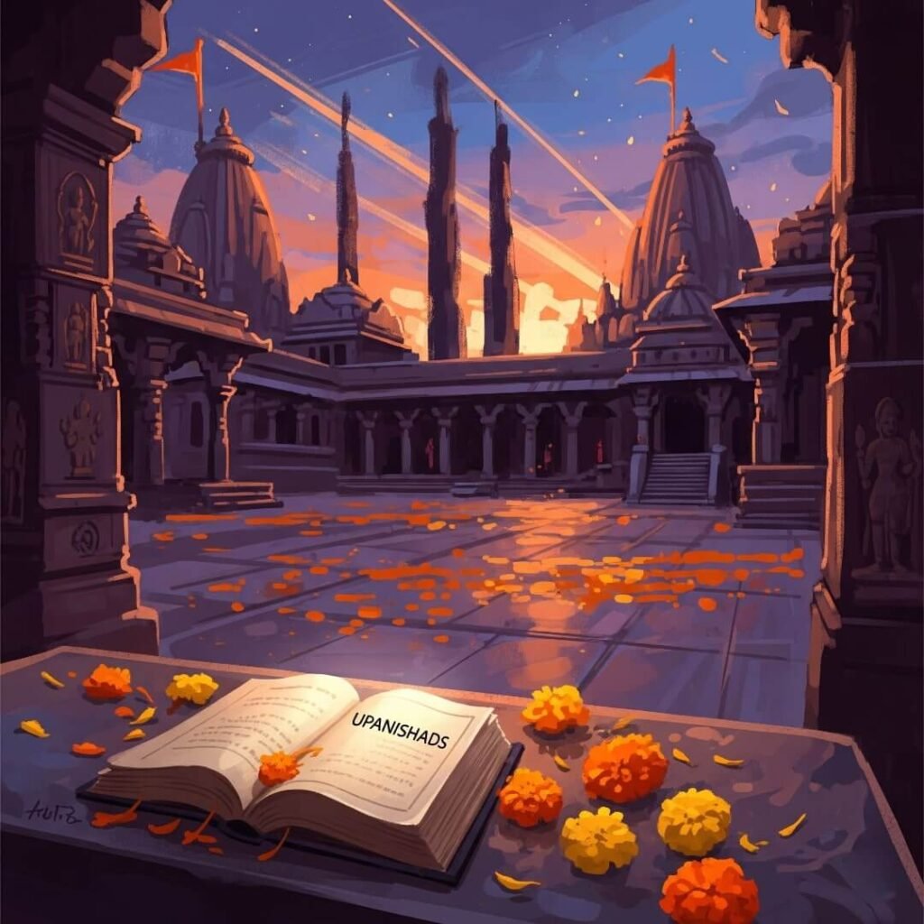 Temple courtyard at dusk with Upanishads and marigolds.