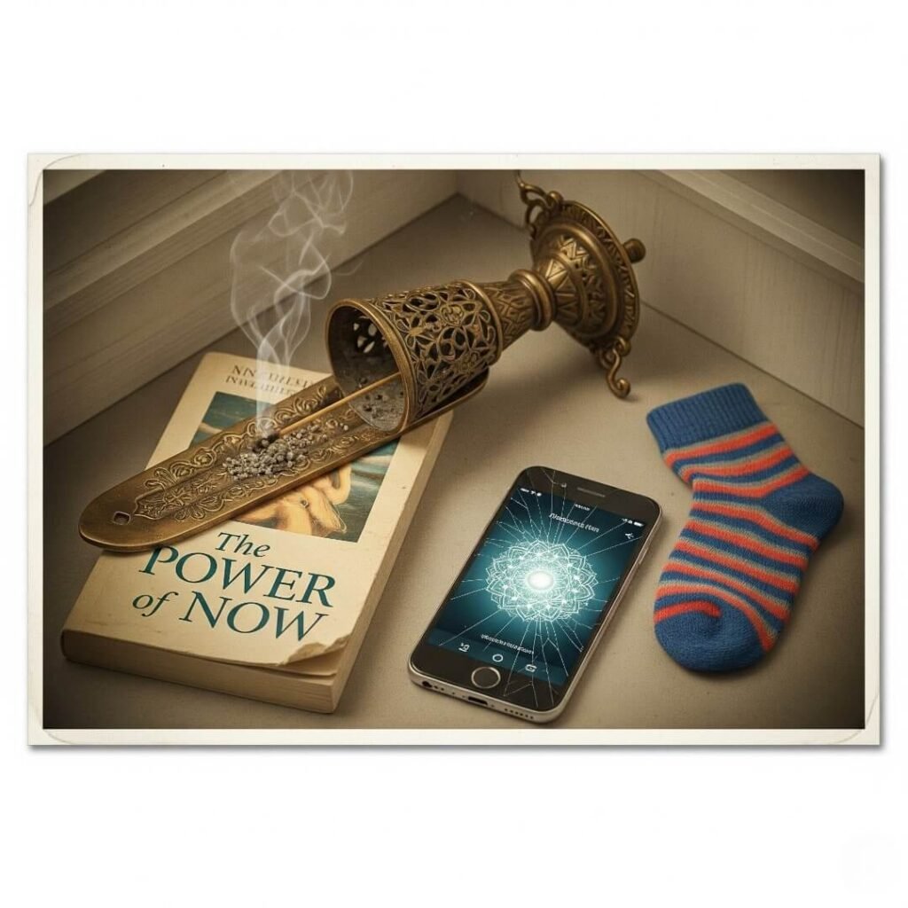 Cluttered corner with an incense holder, phone, and sock.