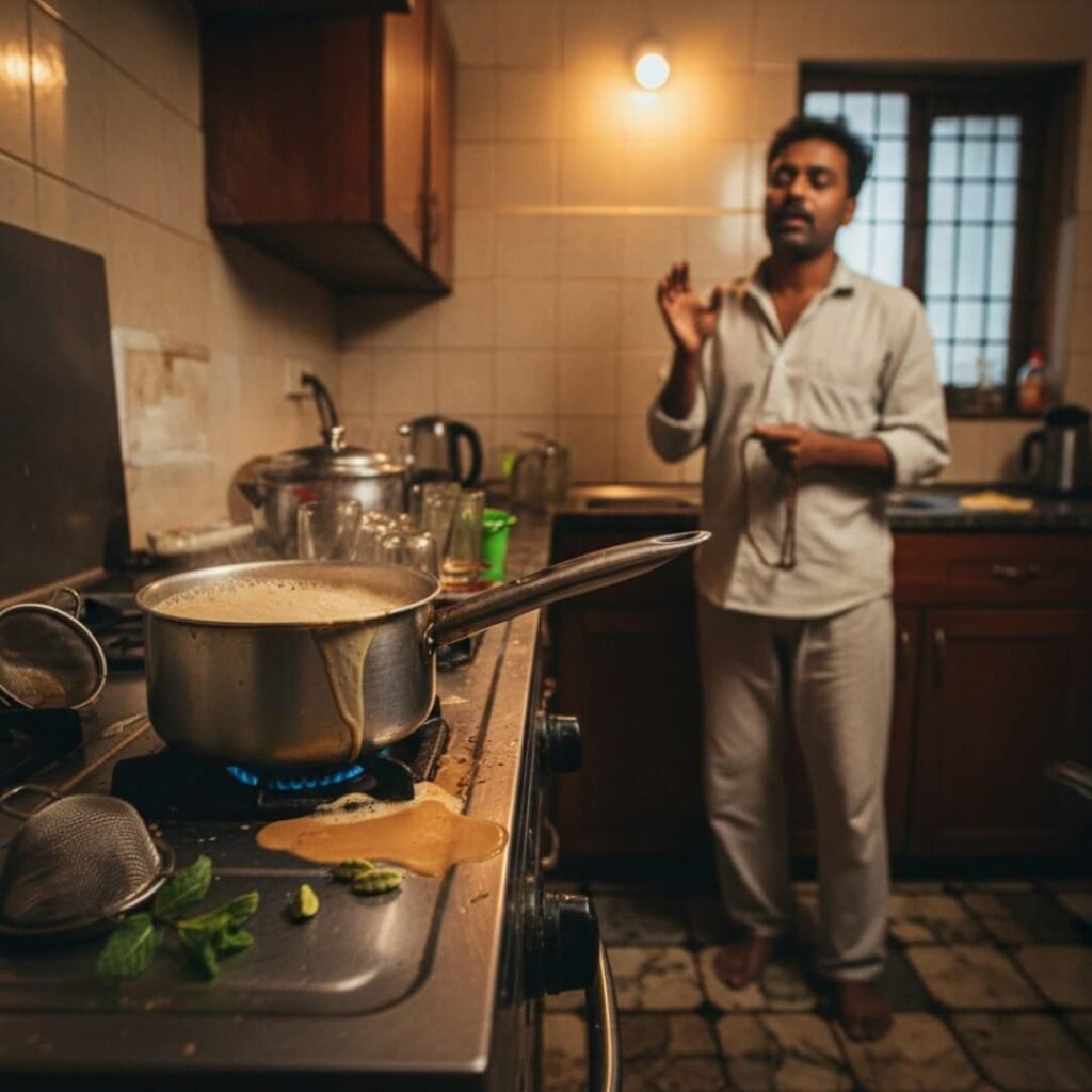 Man chanting in kitchen with boiling chai.
