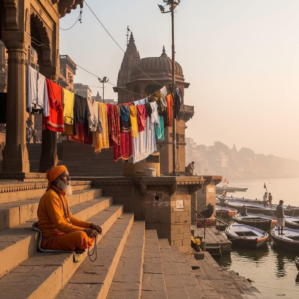 Sadhu by Varanasi ghats with laundry.