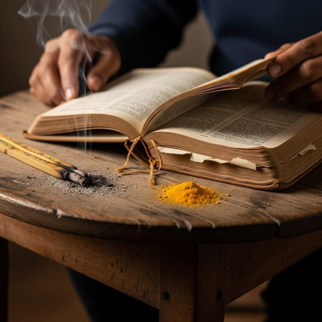 Hands flipping through Gita with agarbatti and haldi.