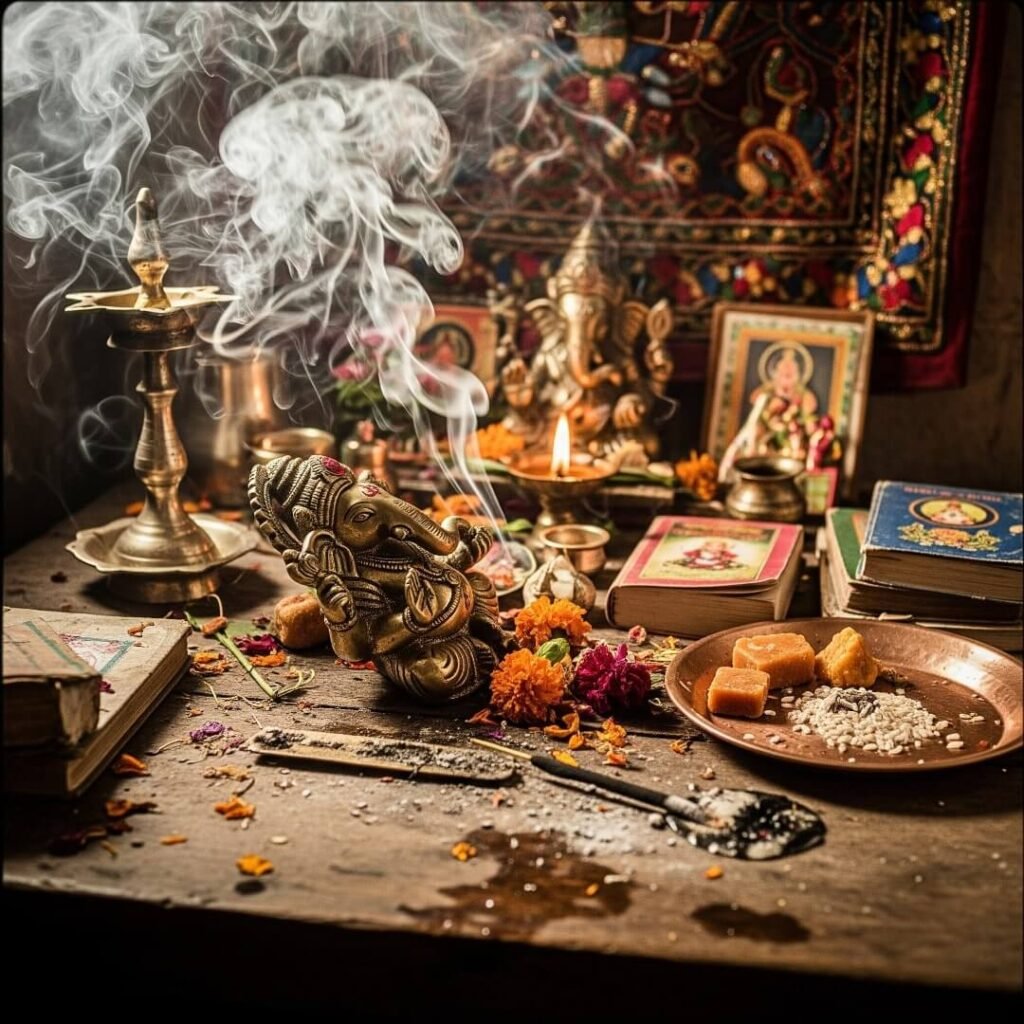 Cluttered altar with incense smoke and Ganesha idol.