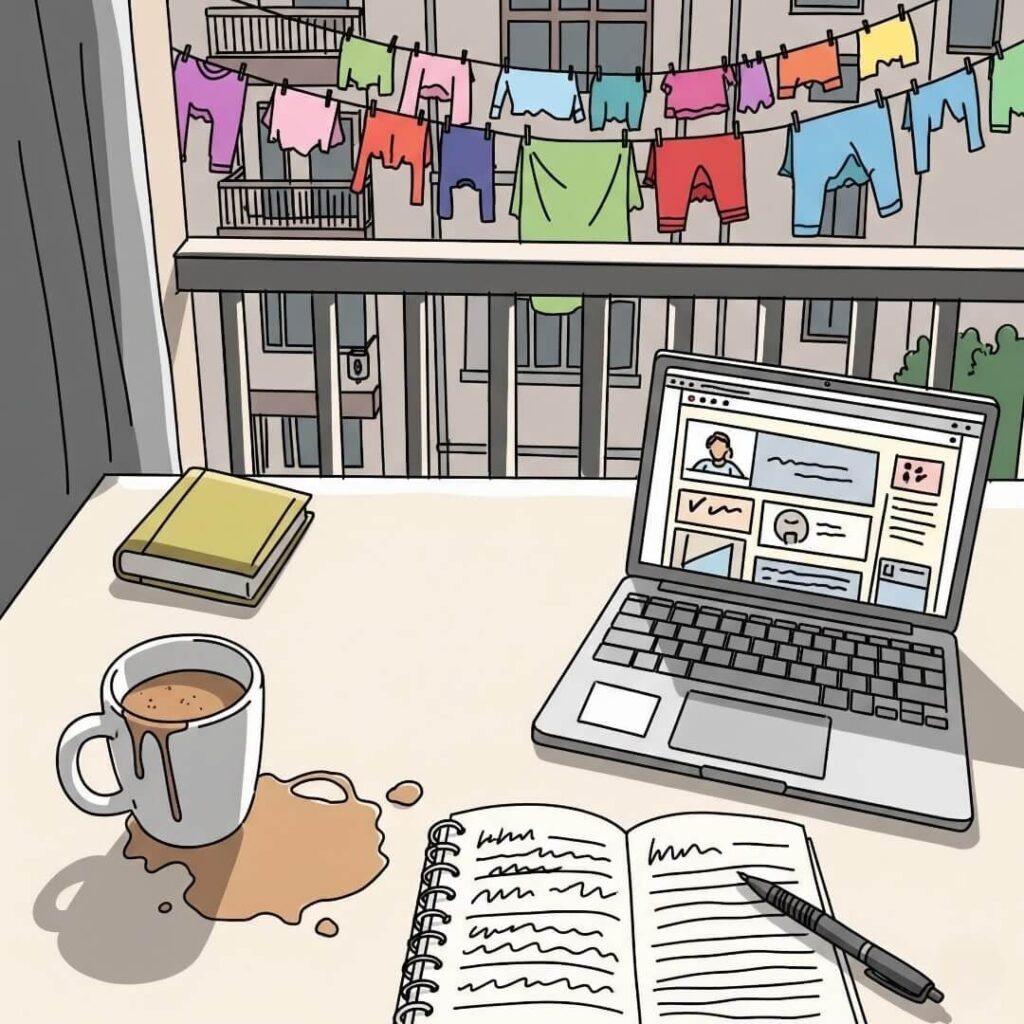 Digital sketch of a desk with laptop, chai, and laundry.