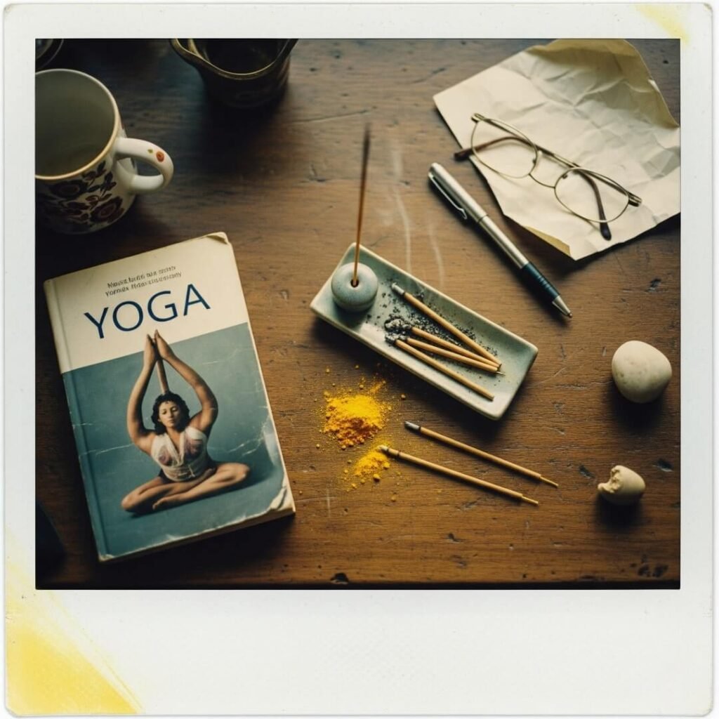 Cluttered desk with incense, yoga book, and turmeric.