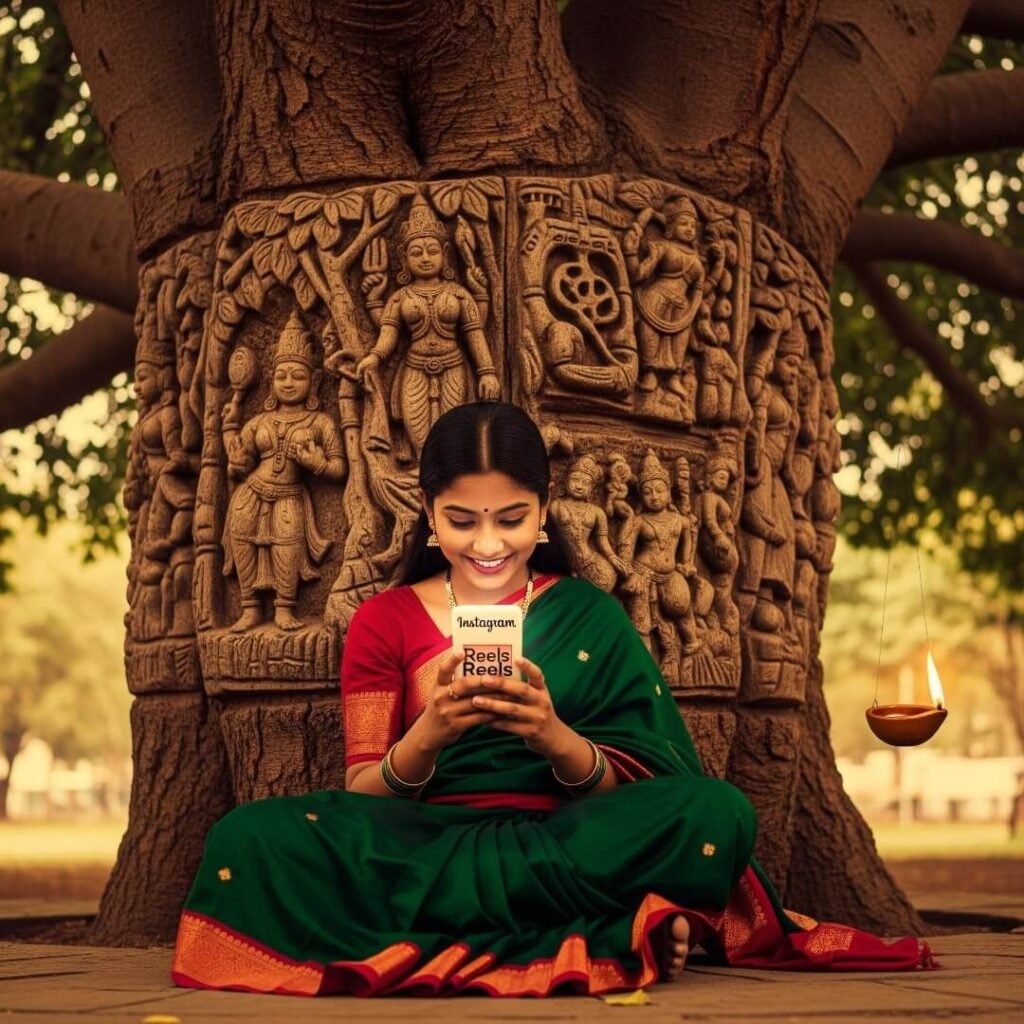 Saree girl, banyan tree, phone, myth carvings, diya.