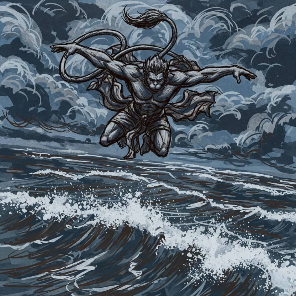 Hanuman leaping over stormy ocean, top-down.
