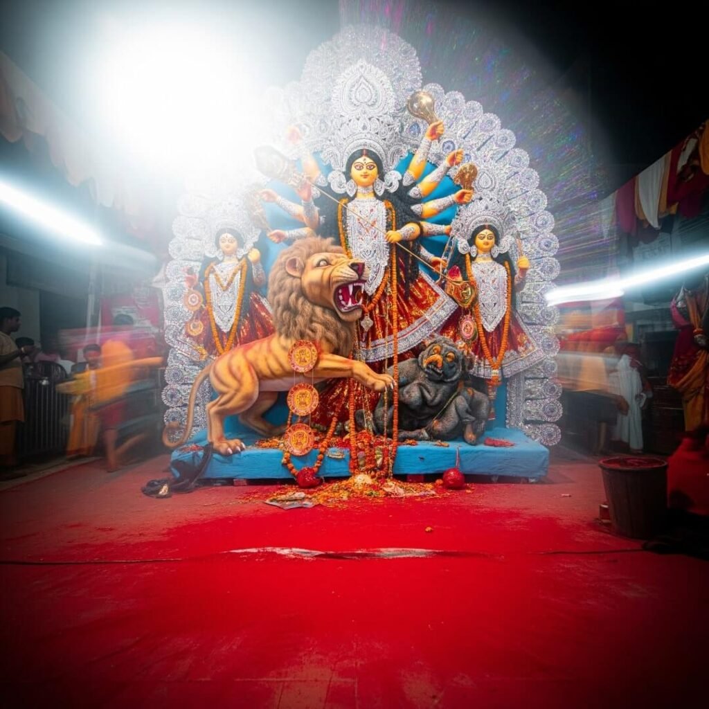 Durga Puja pandal, lion, kumkum, bright festival lights.