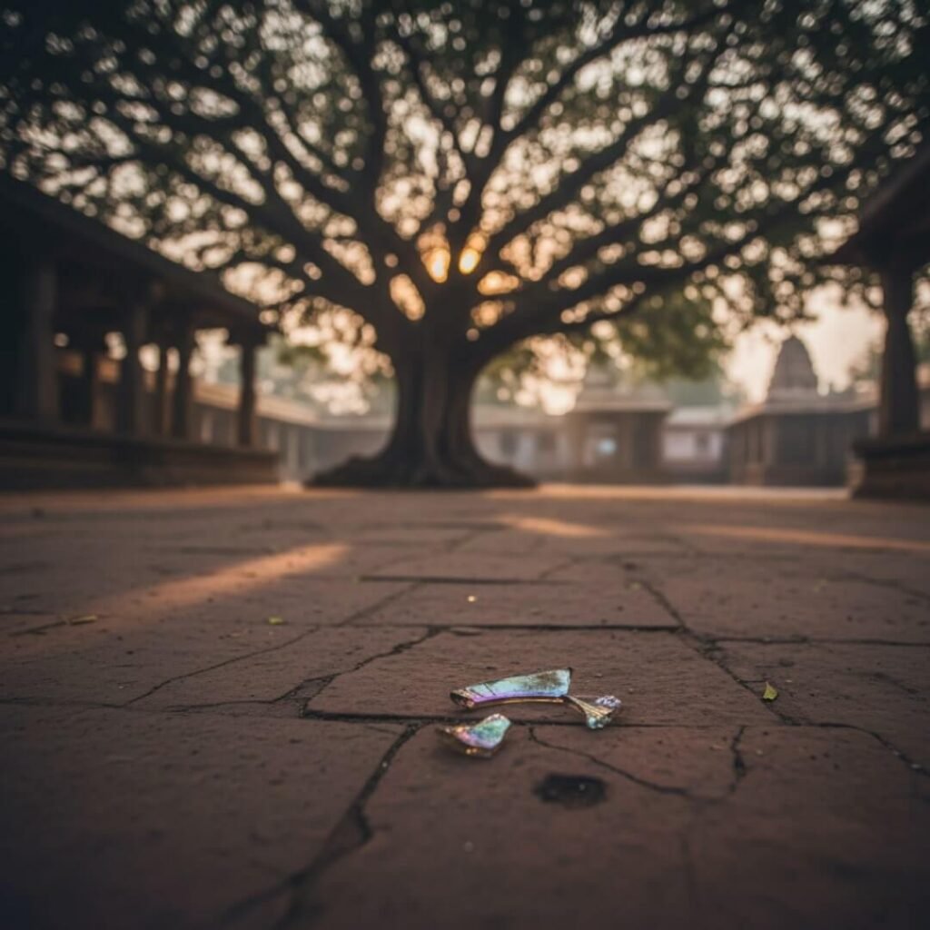 Temple courtyard, banyan shadows, and a broken bangle.