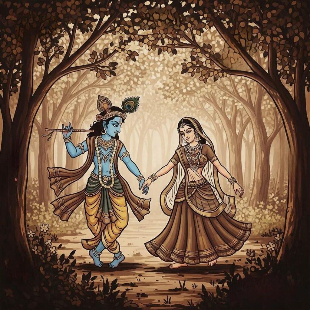 Folk art painting of Krishna and Radha dancing.