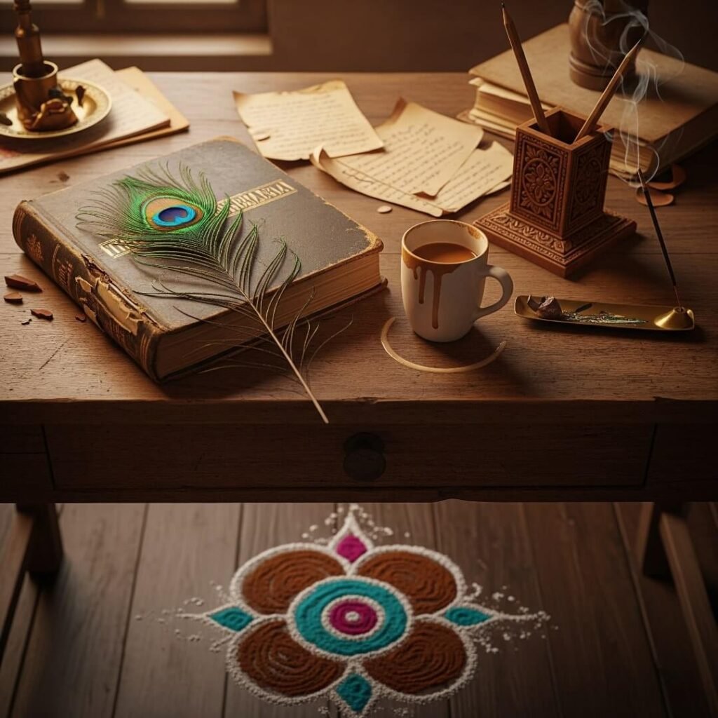 Messy desk, Mahabharata, chai, rangoli, peacock feather.