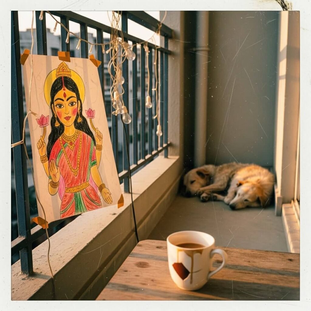 Balcony with Lakshmi drawing, chai, and sleeping dog.