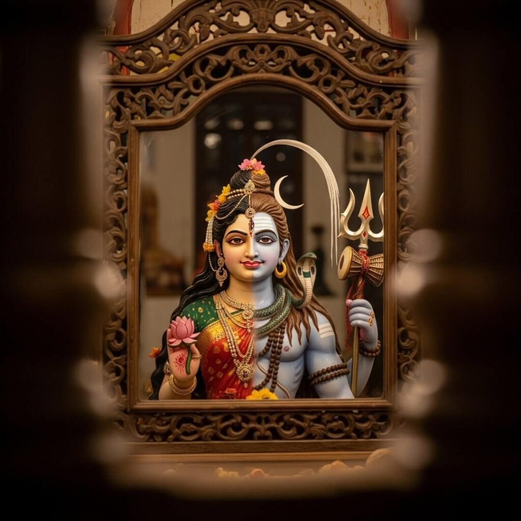 Shiva-Parvati split form in mirror, sneaking a look.