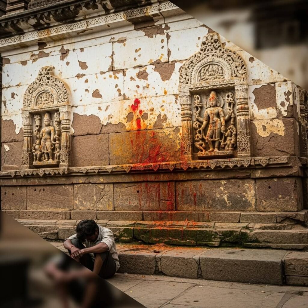 A person with head down against a temple wall.