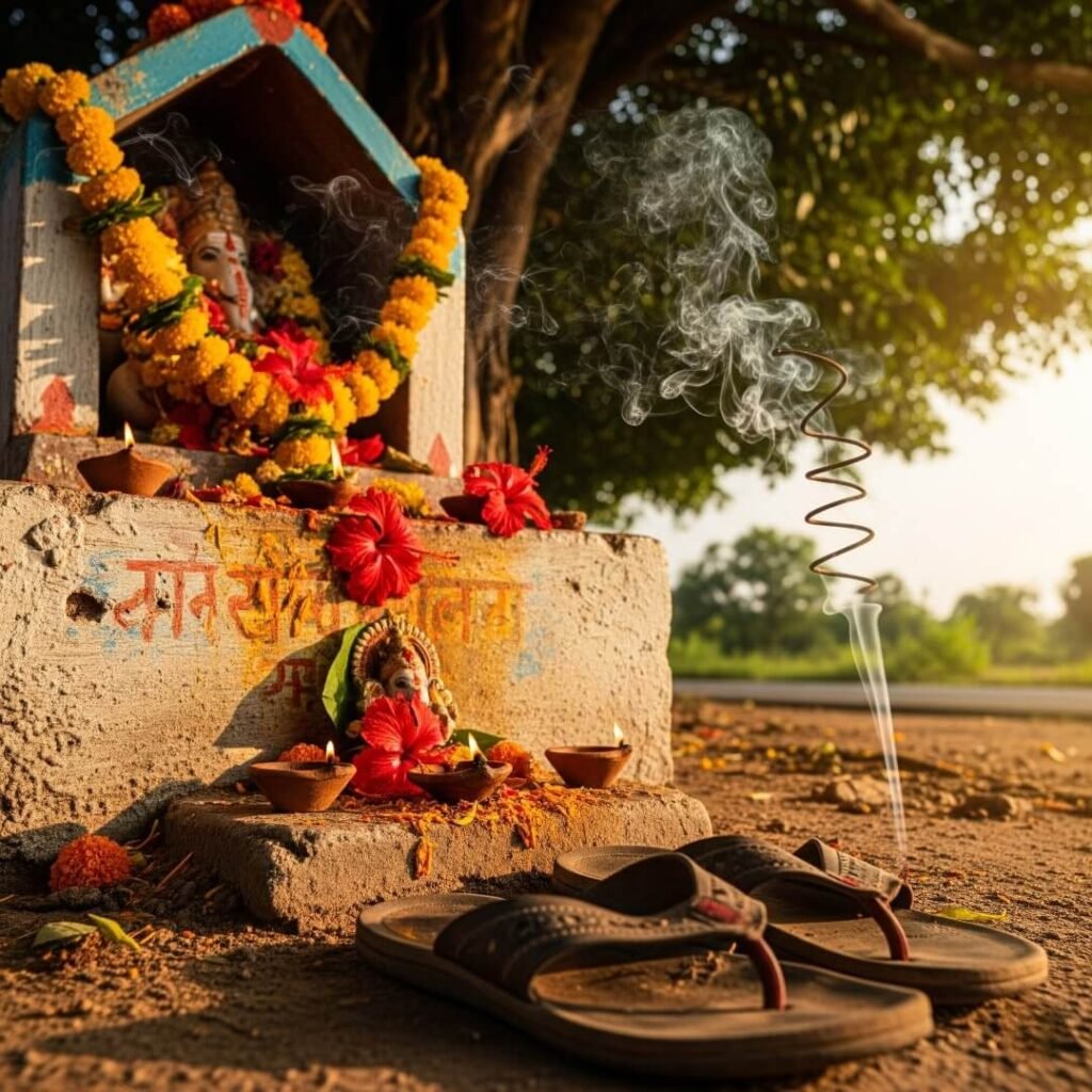 Roadside shrine with chappals and incense smoke.