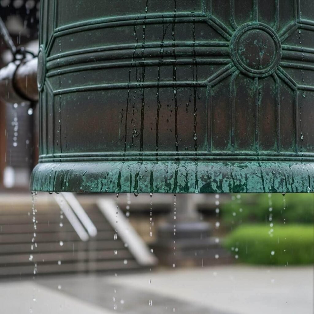 Rainy temple bell with water droplets.
