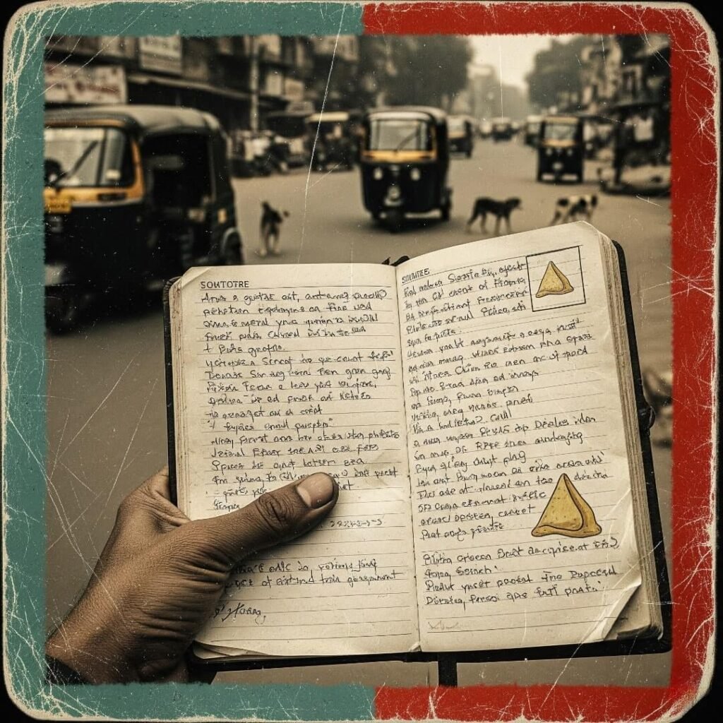 Hand holding prayer notebook, Delhi street in background.