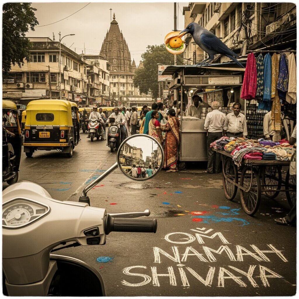 Mumbai street: scooty, temple, "Om Namah Shivaya," crow.