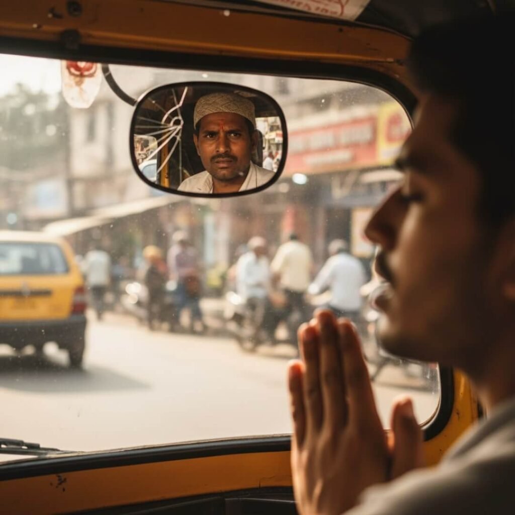 Chanting in rickshaw; driver's confused glance.