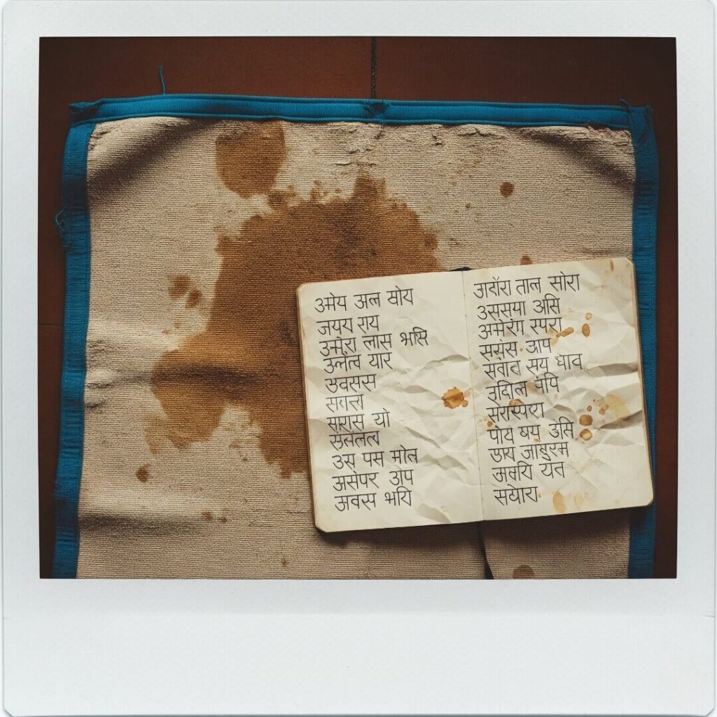 Meditation mat with chai stains and mantras.