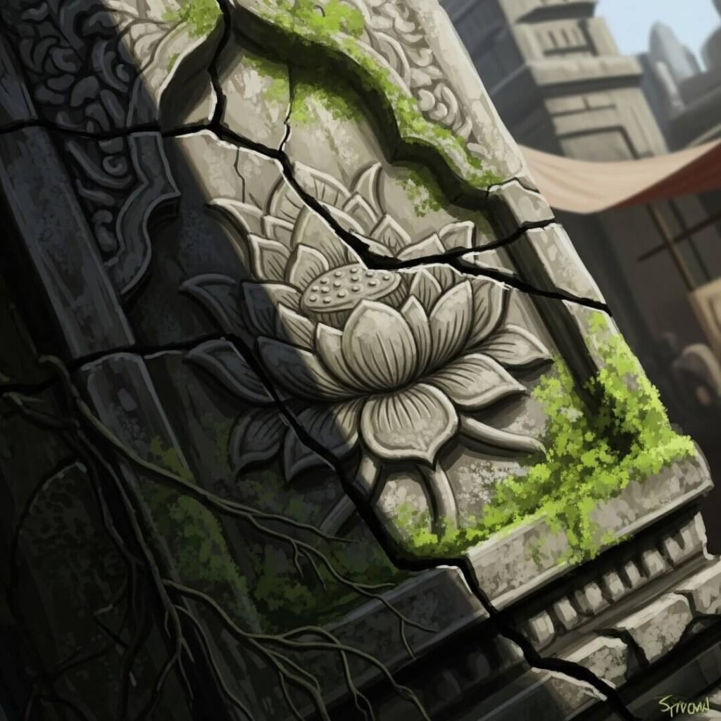 Digital painting of moss-covered lotus in cracked temple wall.
