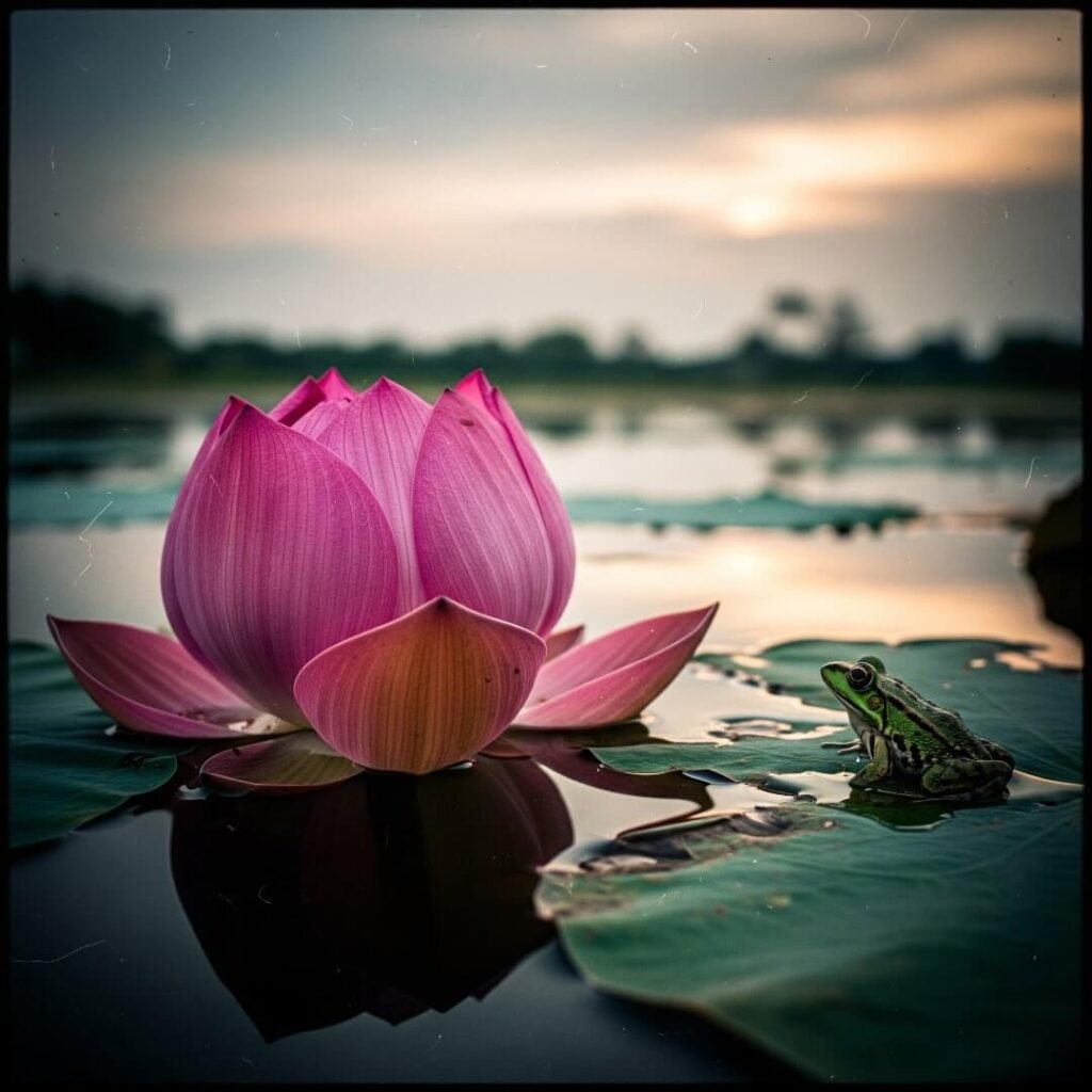 Vintage photo of lotus flower with frog at dusk.