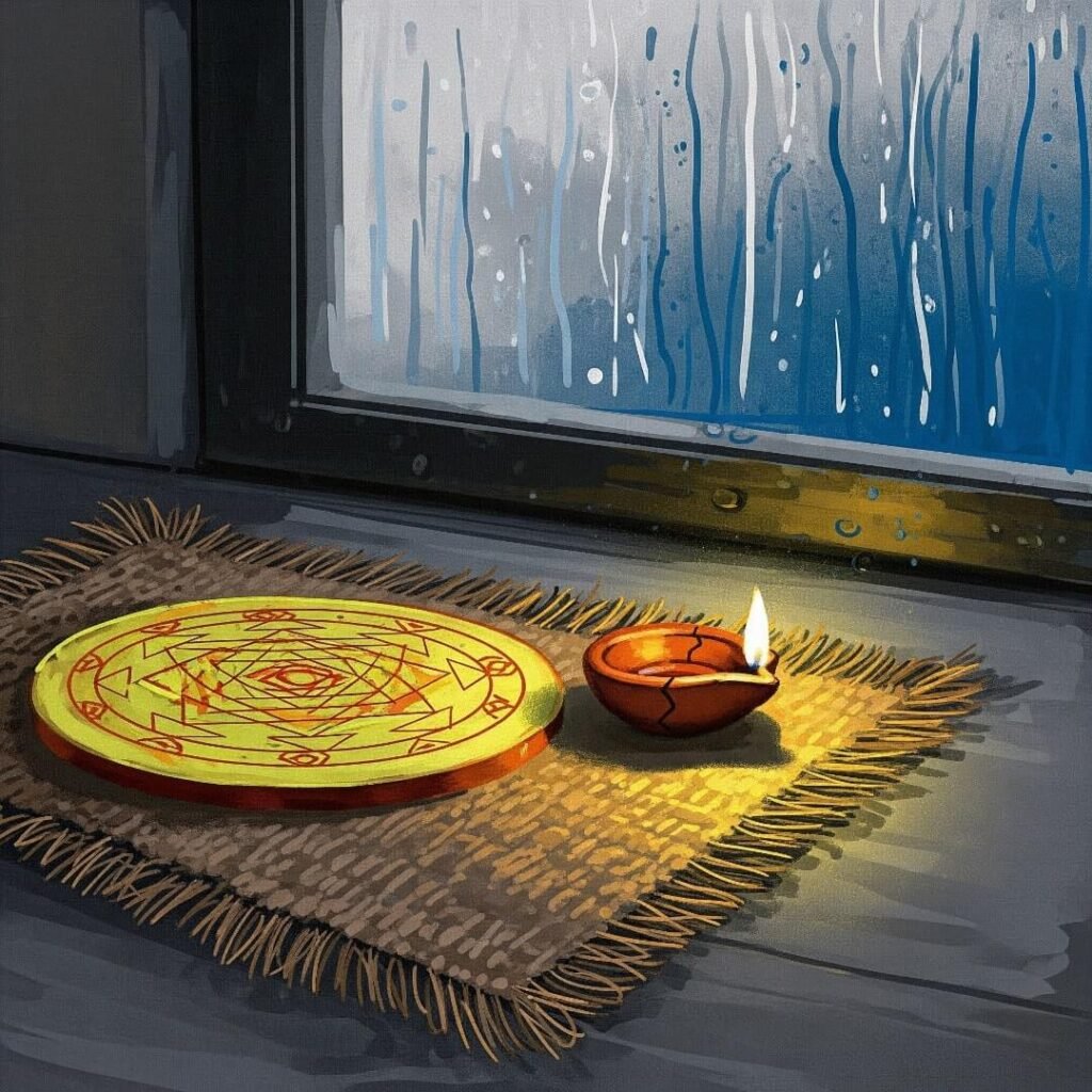 Yantra on jute mat, cracked diya, monsoon rain.